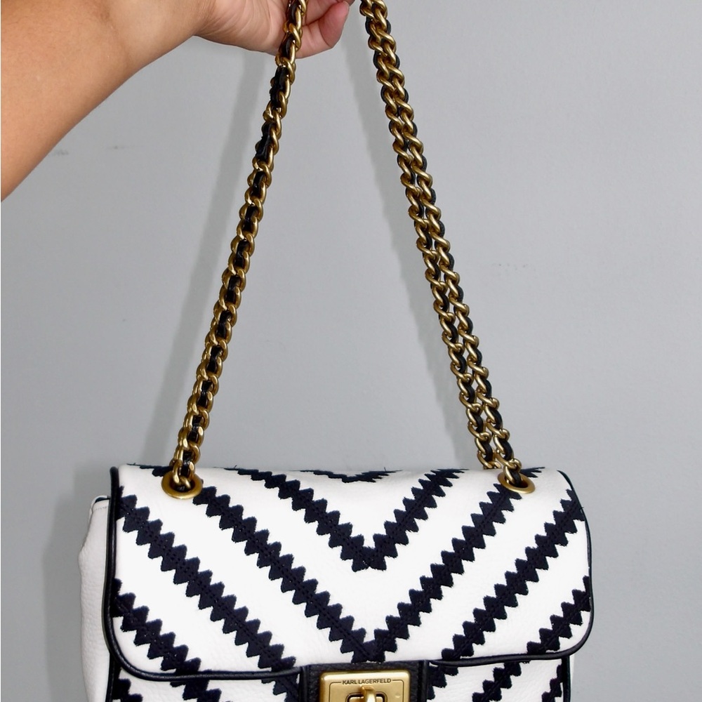 Karl Lagerfeld Monochrome Chevron Shoulder Bag with Gold Chain